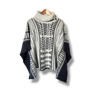 Yaira Turtleneck Assymetric Aztec Pattern Knit Sweater Poncho | OS